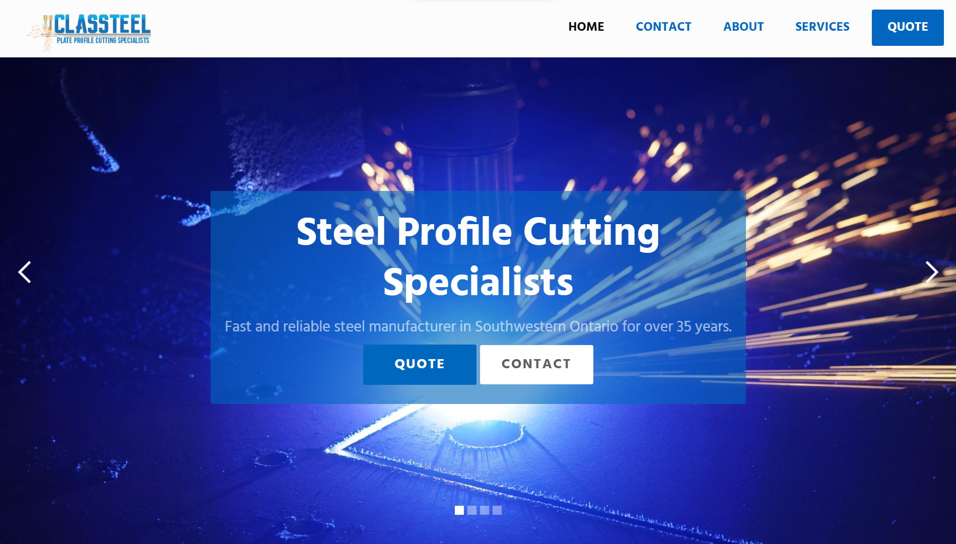 Classteel Inc. website — hero section with steel profile cutting specialists